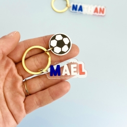 Porte-clé prénom football bleu blanc rouge, porte-clés sac enfant