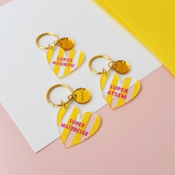 Porte-clé coeur à rayures jaunes Maîtresse, Atsem ou Nounou