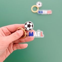 Porte-clé prénom football bleu blanc rouge, porte-clés sac enfant