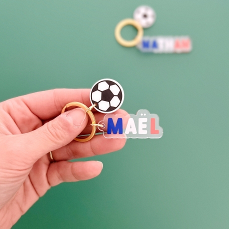 Porte-cl&eacute; pr&eacute;nom football bleu blanc rouge, porte-cl&eacute;s sac enfant