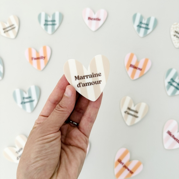 Magnet coeur Marraine d'amour rayures beige, cadeau marraine