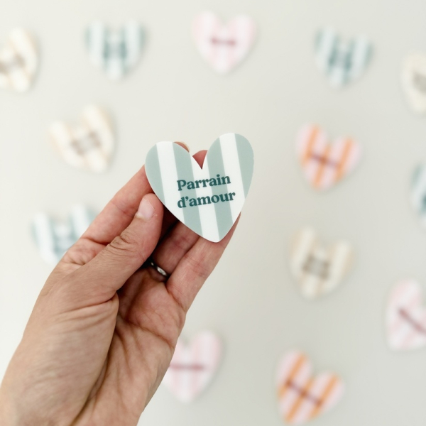 Magnet coeur Parraine d'amour rayures vertes, cadeau parrain