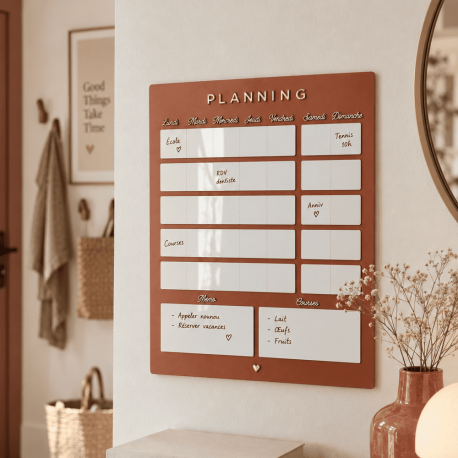 Planning mensuel mural en bois color&eacute;, planning terracotta