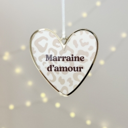 Boule de Noël Coeur en plexiglas, motif léopard Marraine d'amour