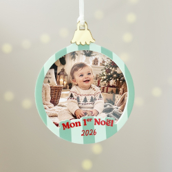 Boule photo Mon 1er Noël 2026 à rayures vertes avec portrait de bébé