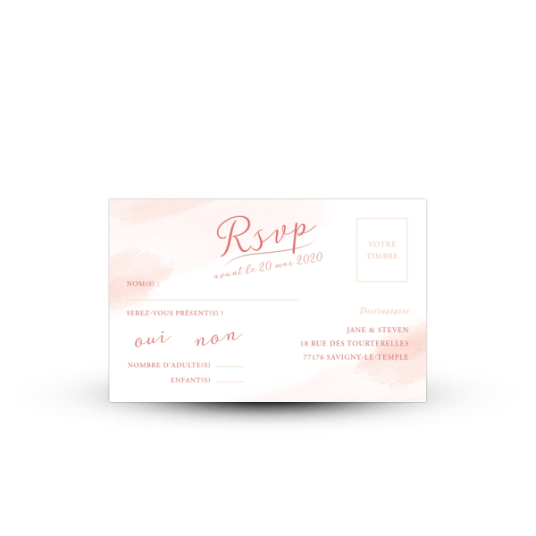 Carte réponse RSVP mariage bucolique et fleuri, modèle pivoine peint à l'aquarelle