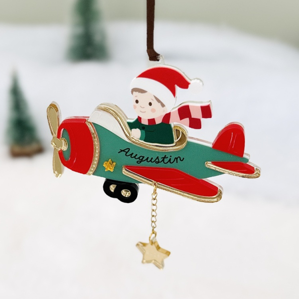 Boule de Noël originale petit aviateur et avion rétro