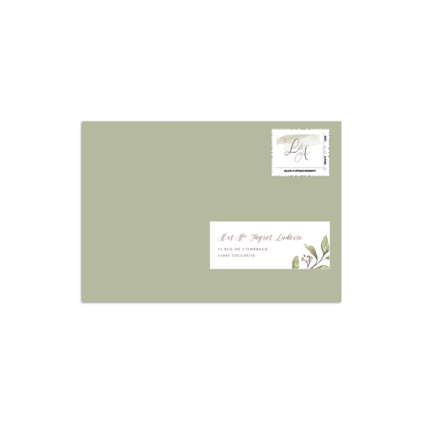 Invitation mariage végétal enveloppe personnalisée timbre poste eucalyptus