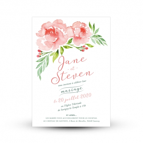 Faire-part mariage tendance et poétique Pivoine peinture à l'aquarelle