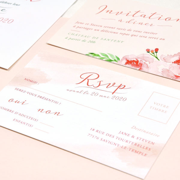 Carte RSVP mariage Pivoine à l'aquarelle