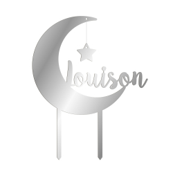 Cake topper plexiglas miroir argent anniversaire lune personnalisé