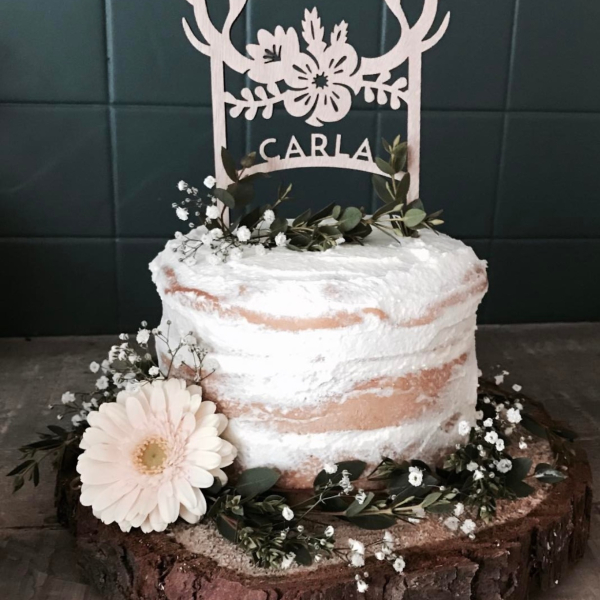 Cake topper personnalisé en bois bois de cerf into the wood