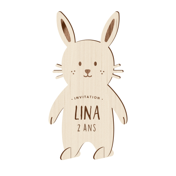 Invitation anniversaire en bois thème lapin