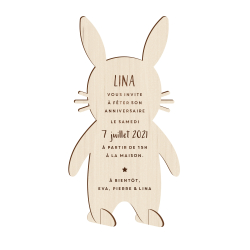 Carton invitation anniversaire lapin découpe en bois
