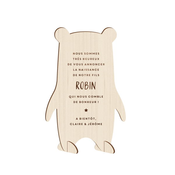 Faire-part naissance original en bois thème ourson