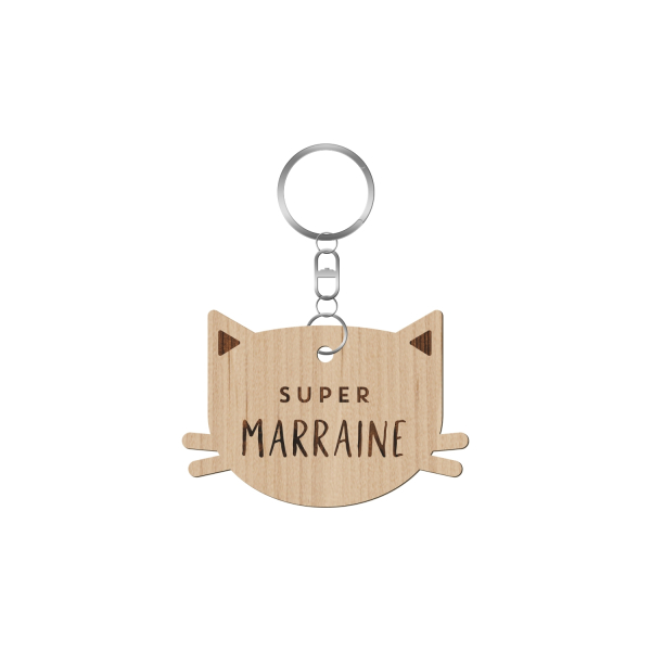 Porte-clé en bois super marraine tête de chat 