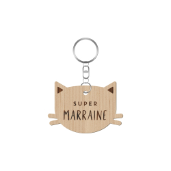 Porte-clé en bois super marraine tête de chat 