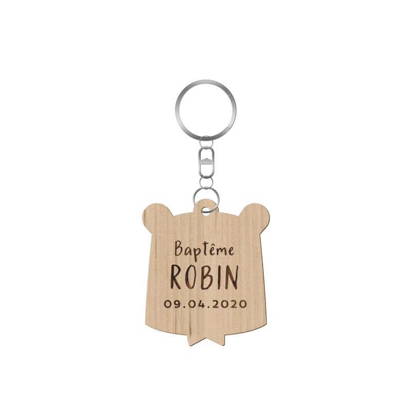 Porte-clés tête d'ourson en bois personnalisé avec prénom - Ourson