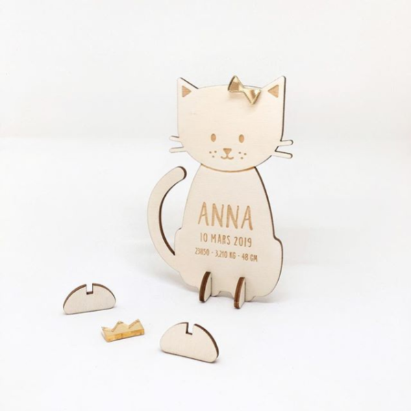 Faire-part baptême original en bois modèle chat