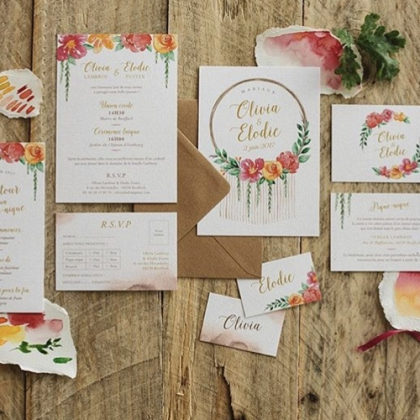 Faire-part mariage aquarelle Gipsy attrape-rêves et fleurs vitaminées