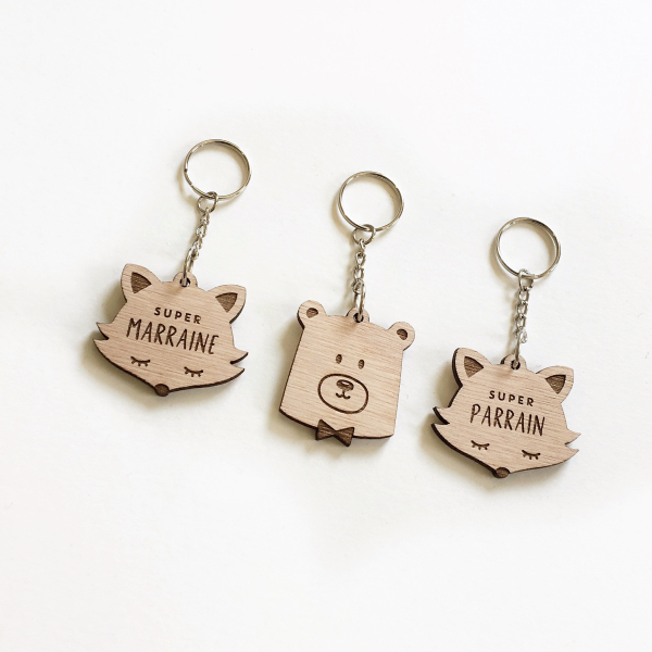 Porte-clé personnalisé en bois tête d'ours