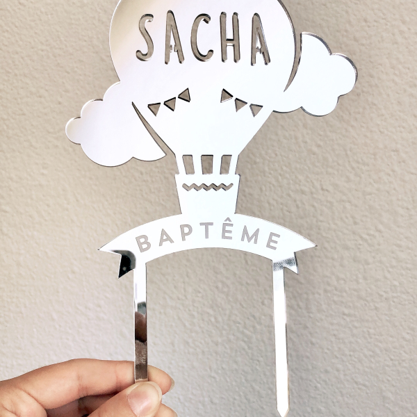 Cake topper montgolfière et nuages plexiglas argent effet miroir