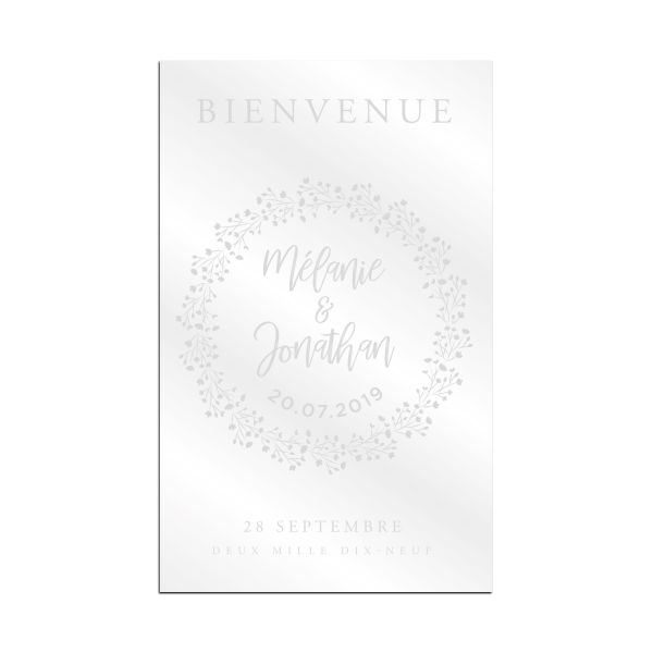 Panneau de bienvenue mariage plexiglas transparent couronne de gypsophile