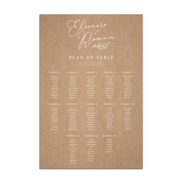 Plan de table personnalisé mariage format XXL fond kraft