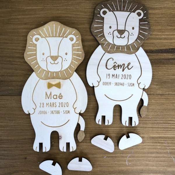 Faire-part naissance originaux en bois lion