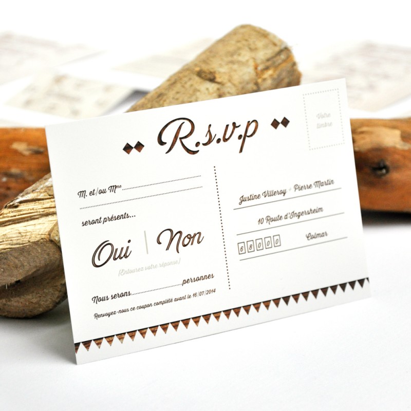 Carton réponse RSVP à personnaliser pour votre mariage rustique