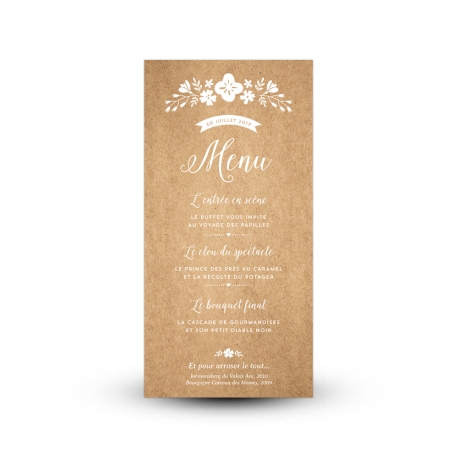 Carte de menu mariage champêtre version kraft