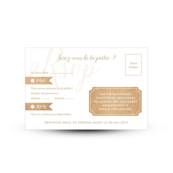 Carte réponse RSVP mariage champêtre kraft