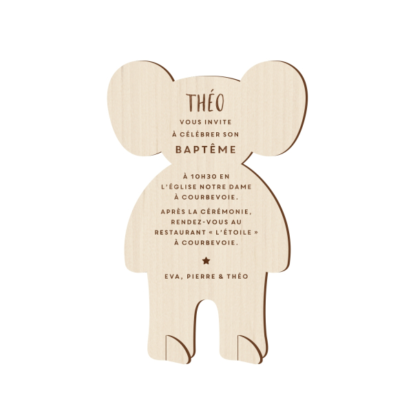 Éléphant en bois à personnaliser, invitation baptême savane