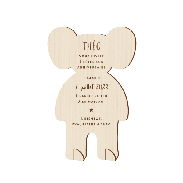 Invitation anniversaire éléphant thème savane, invitation en bois