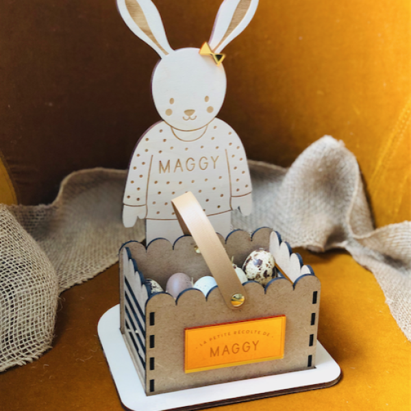 Kit chasse aux oeufs lapin en bois avec panier personnalisés