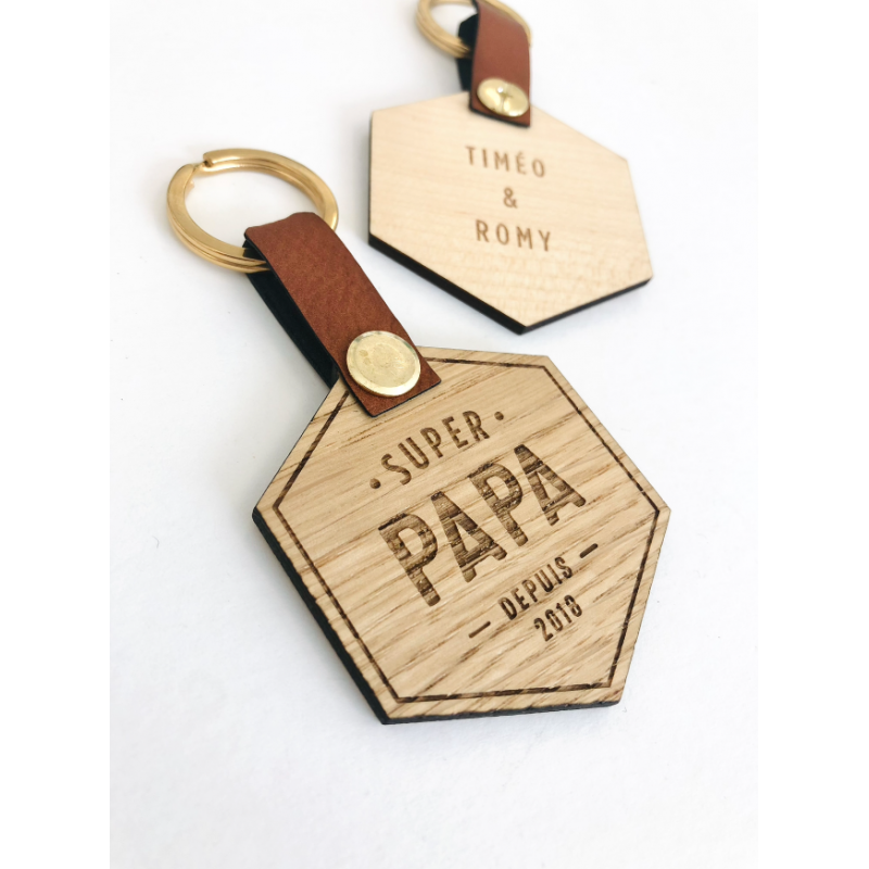 Porte-clé en bois et cuir pour Super Papa - Print Your Love