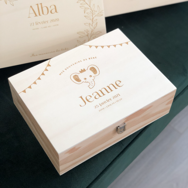 Coffret en bois personnalisé, souvenirs de naissance éléphant