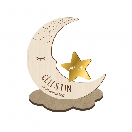 Faire-part baptême original en bois thème lune