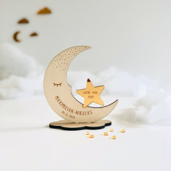 Faire-part baptême lune en bois personnalisable