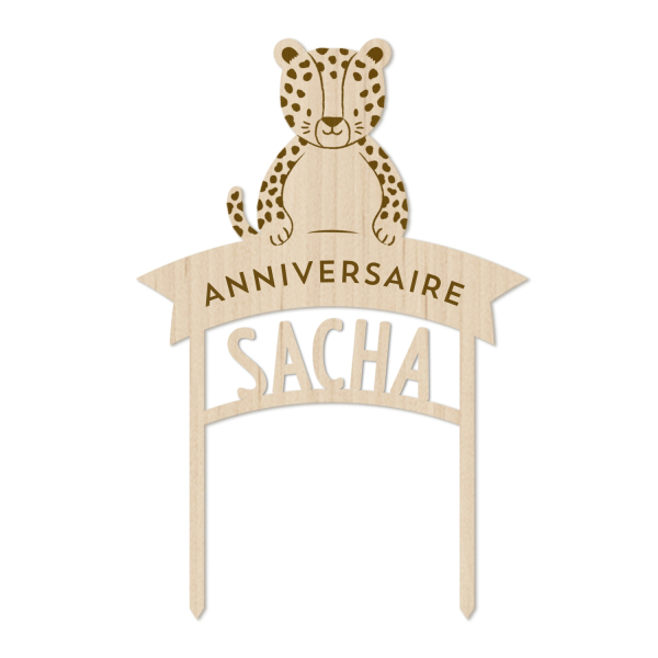 Cake topper en bois personnalisé anniversaire jungle léopard