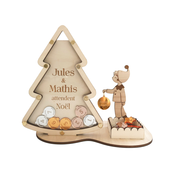Calendrier de l'Avent en bois enfant sapin et son lutin