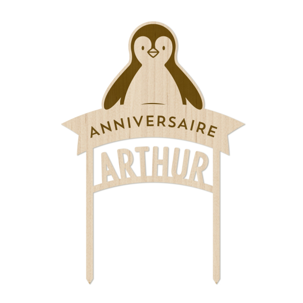 Cake topper pingouin personnalisable prénom, anniversaire banquise
