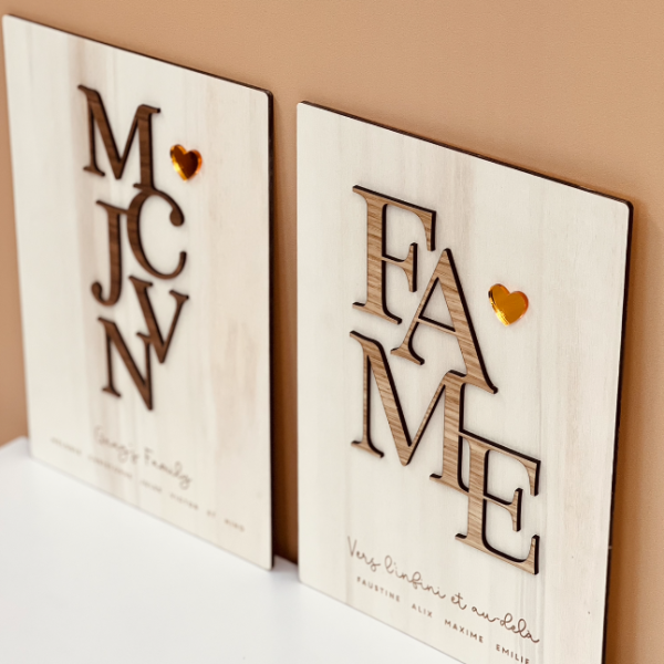 Affiche en bois initiales à personnaliser, décoration unique