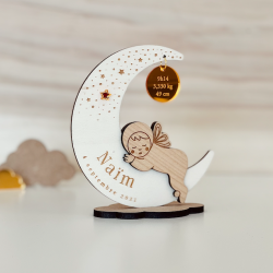 Faire-part naissance personnalisé en bois, Clair de lune bébé endormi