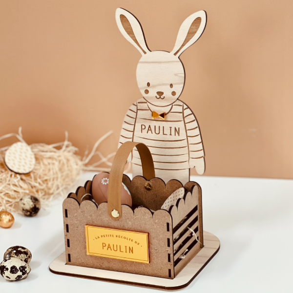 Kit chasse aux oeufs lapin en bois avec panier personnalisés