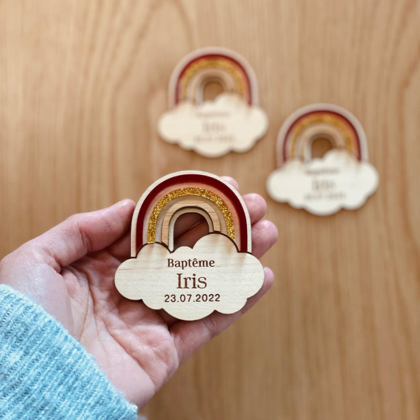 Magnets baptême personnalisés thème arc-en-ciel