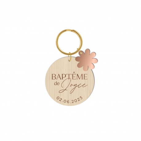 Porte-clé en bois personnalisé baptême fleur