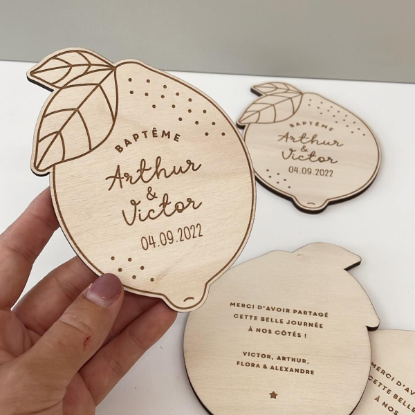 Remerciements baptême originaux citron en bois
