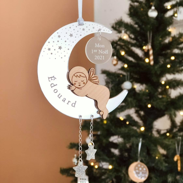 Décoration de sapin de Noël forme lune et bébé