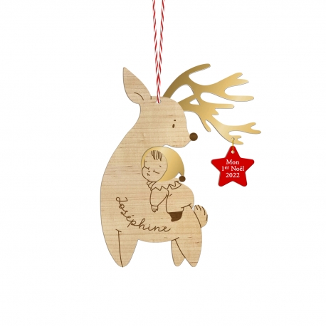 Boule en bois personnalisée premier Noël renne et bébé